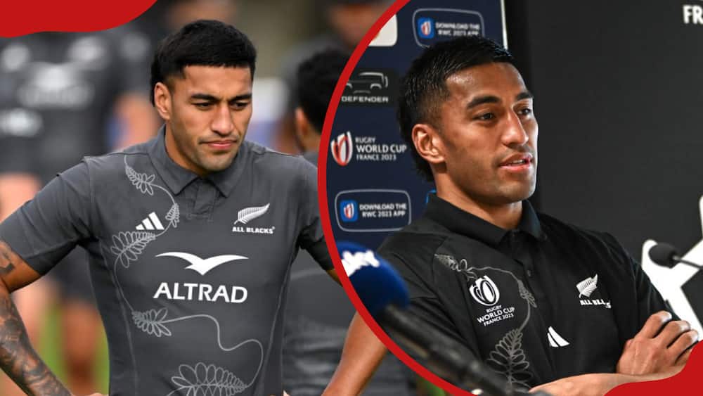 A collage of Rieko Ioane during a New Zealand training session (L) and Rieko Ioane during a New Zealand rugby media conference (R)