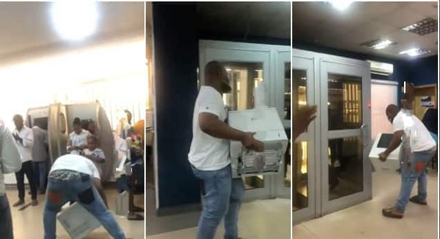 Nigerian man seizes printing machine in commercial bank, demands to be attended to.