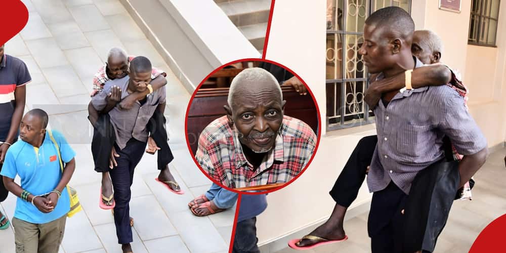 Collage of Godfrey Ssozi being being brought to court by a fellow remandee.
