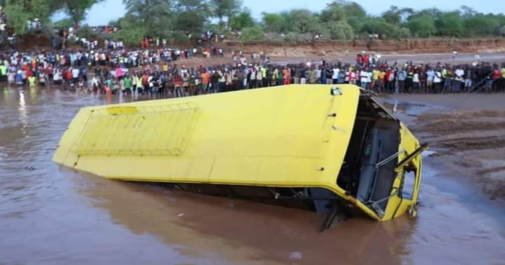 The wreckage of a bus that plunged into Enziu River. Photo: Charity Ngilu.