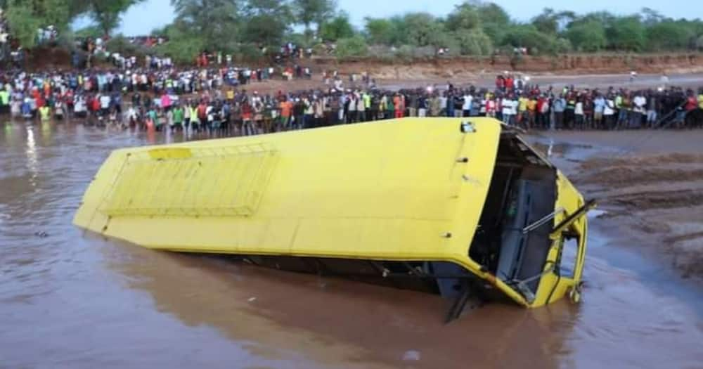 The wreckage of the bus that plunged into Enziu River. Photo: Charity Ngilu.