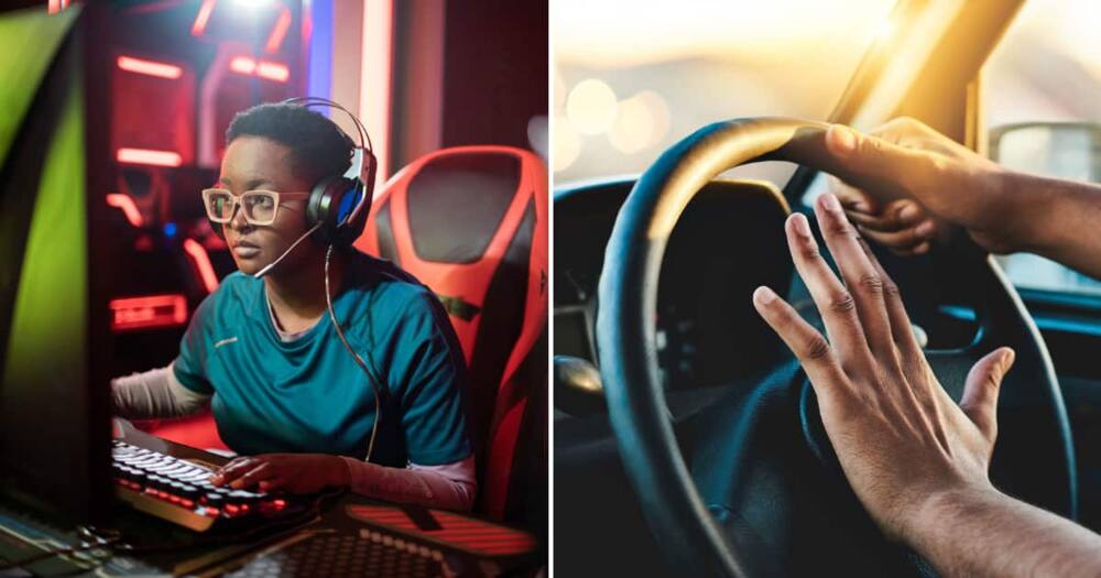 An image of a kid gaming and a person driving.