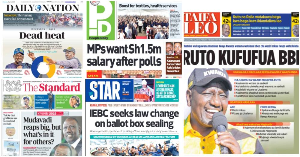 Magazeti Alhamisi, Mei 12: Raila na DP Ruto Nguvu Sawa kwa Umaarufu