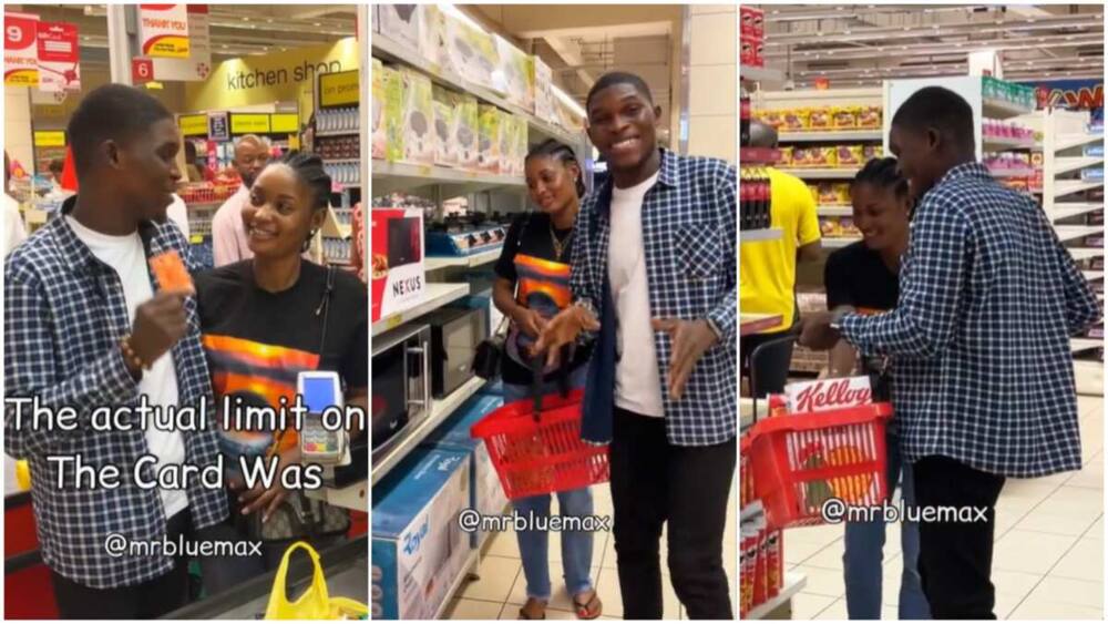 Man in supermarket/Lady shopped for free. Photo source: official_mrbluemax.