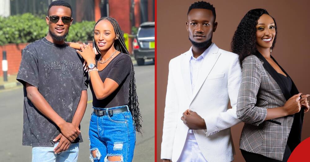 Eve Nyaga leans on Director Trevor's shoulder at a street in Nairobi (left). Trevor and Nyaga pose back to back during a photoshoot session (right).