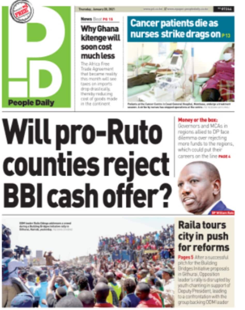 Kenyan newspapers review for January 28: Raila urges Uhuru to reshuffles cabinet to save his legacy