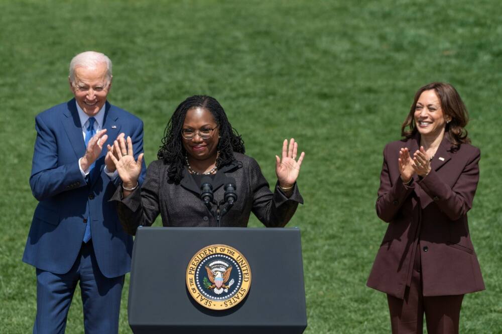 Judge Ketanji Brown Jackson speaks alongside US President Joe Biden and US Vice President Kamala Harris at an event celebrating Jackson's confirmation to the US Supreme Court on the South Lawn of the White House in Washington, DC, on April 08, 2022