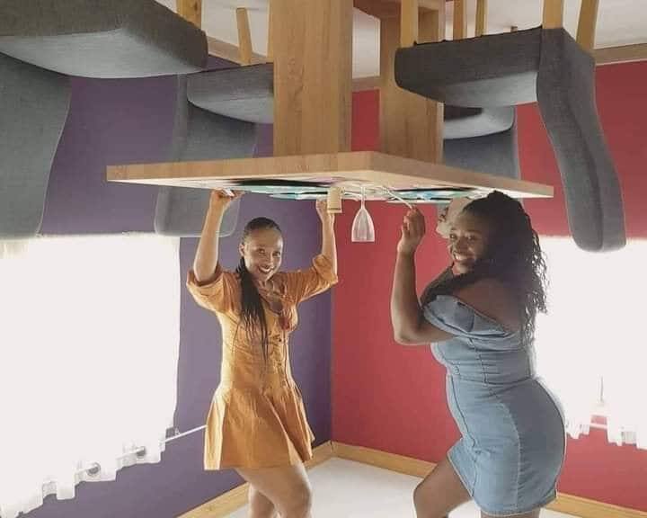 Two women take a picture in the upside-down house