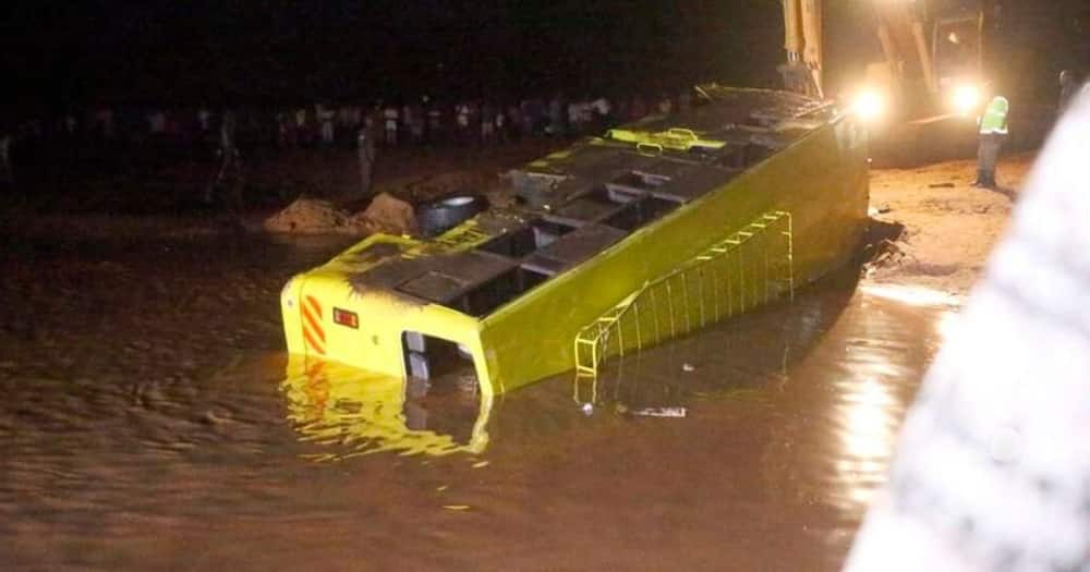 The wreckage of the bus that plunged into Enziu River. Photo: Charity Ngilu.