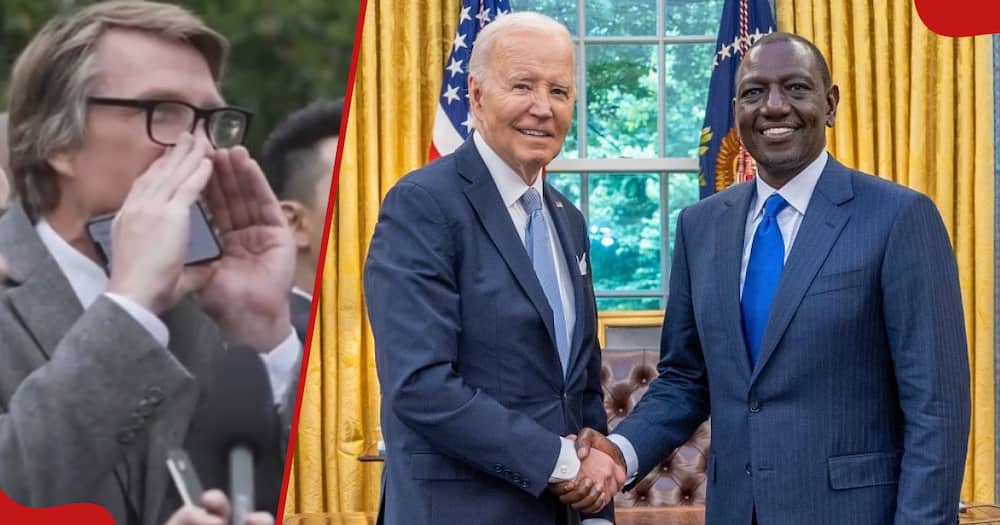 Jensen yelling a question at Biden(l) and President William Ruto shaking hands with Joe Biden during Ruto's state visit.