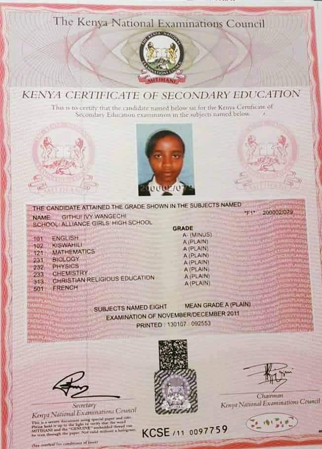 Late Ivy Wangechi's KCSE results show she was straight A student