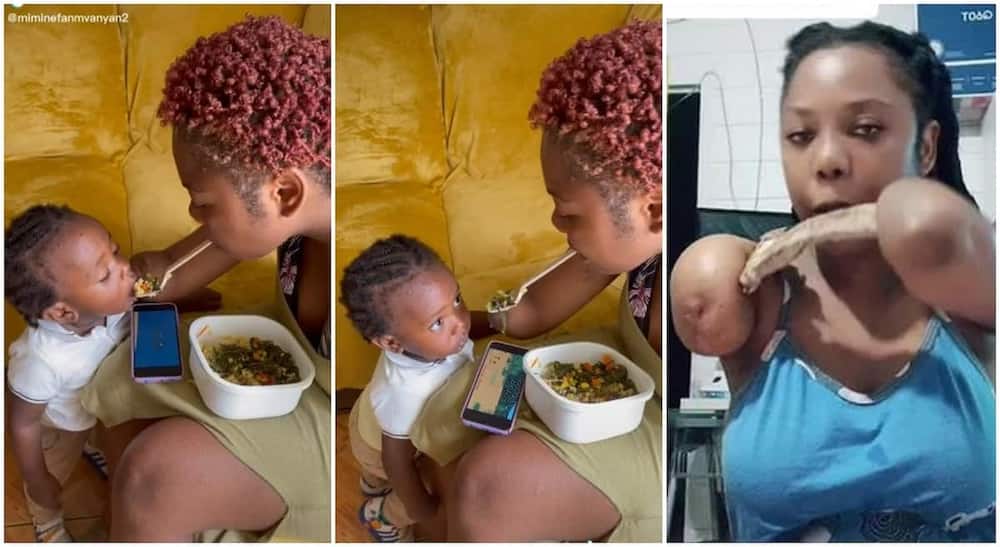 Physically challenged lady feeding a baby with her mouth.