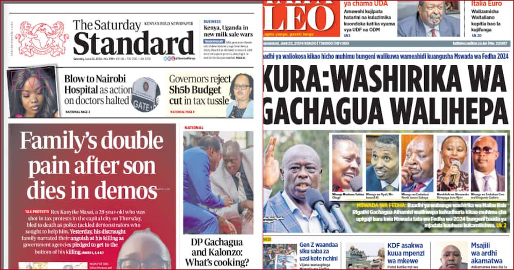 Front headlines for the Standard and Taifa Leo newspapers.