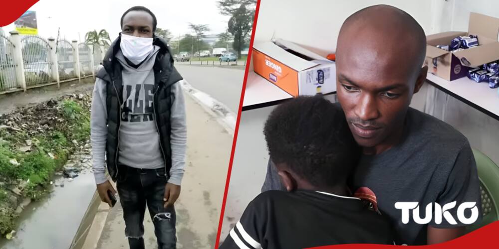 Left: Boniface Achuya walks around in search of a job.
Right: Achuya holds their son, Lucky, on his laps.