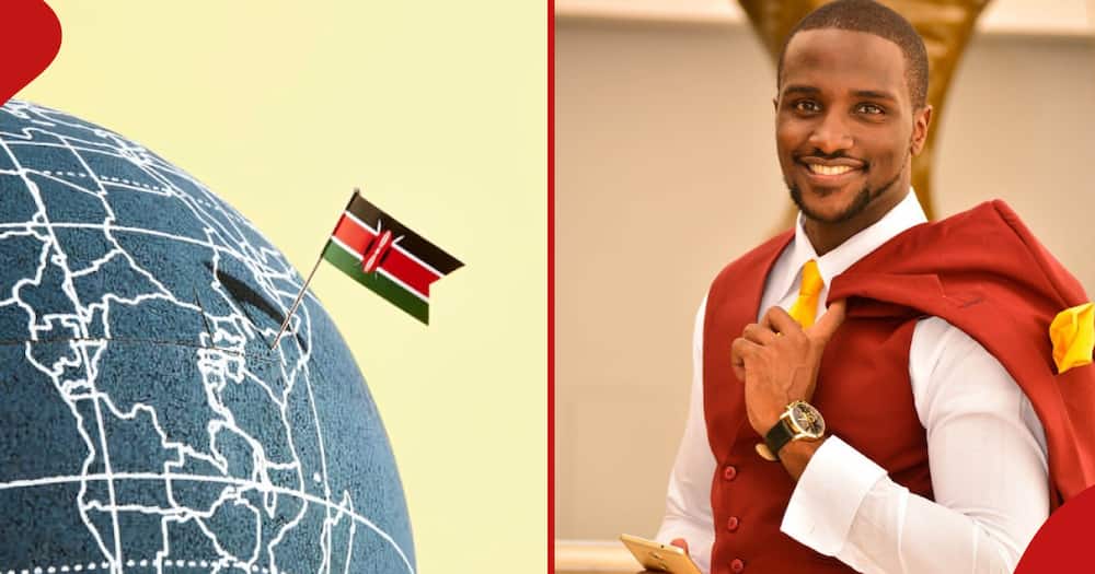 Flag of Kenya (l) and Mr World Kenya Kevin Oduor.