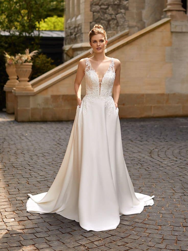 Crepe material styles for wedding dresses