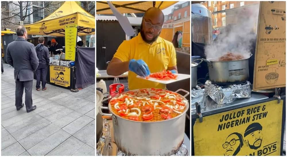 Azeez sells Nigerian Jollof Rice in London street called Spitalfields.