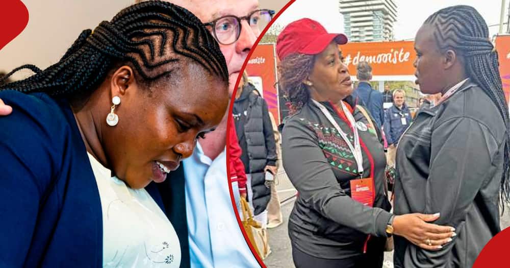 Kevin Kiptum's wife (l) sheds tears during a sports event in Netherlands before the Rotterdam Marathon, the mum of two (r) with Ambassador Margaret Shava.