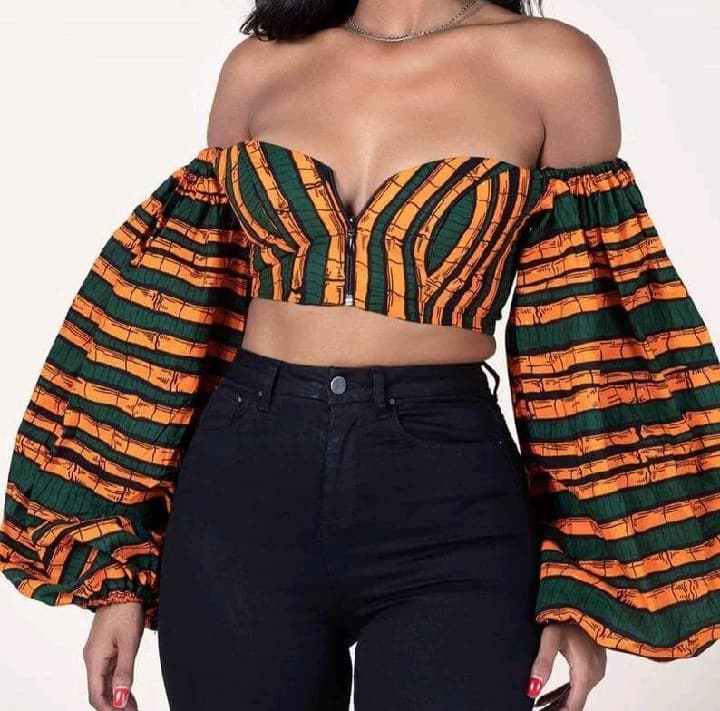 Off-shoulder Ankara tops designs to pair with jeans or skirts