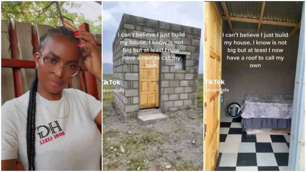 Lady builds small house/house without ceilings.