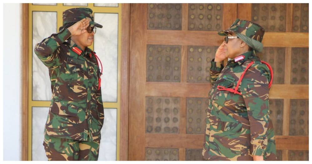 Samia Suluhu dressed in full military regalia as commander in chief.