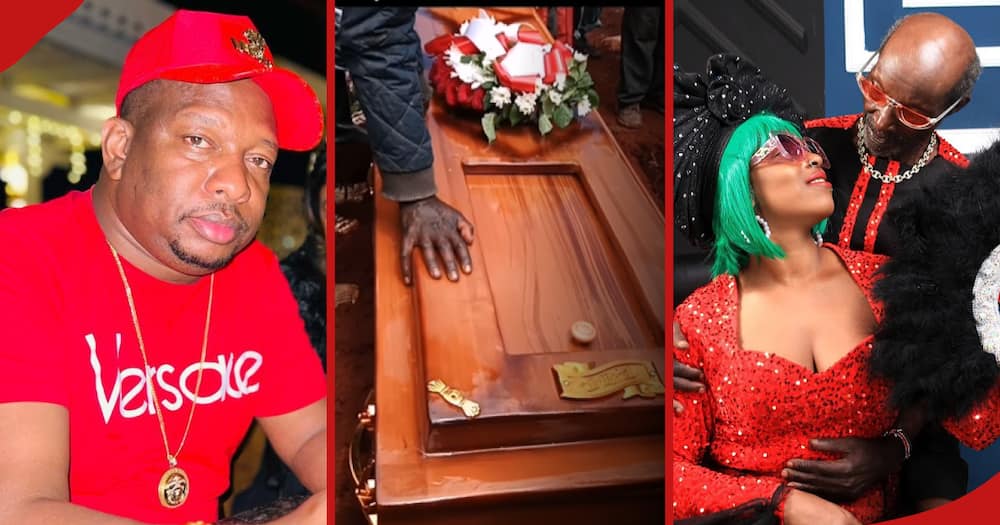 Mike Sonko (l) contributed KSh 12k to family of late Samwel Nzuki whose coffin is pictured (c). (R) Nzuki and ex-lover Manzi Wa Kibera.