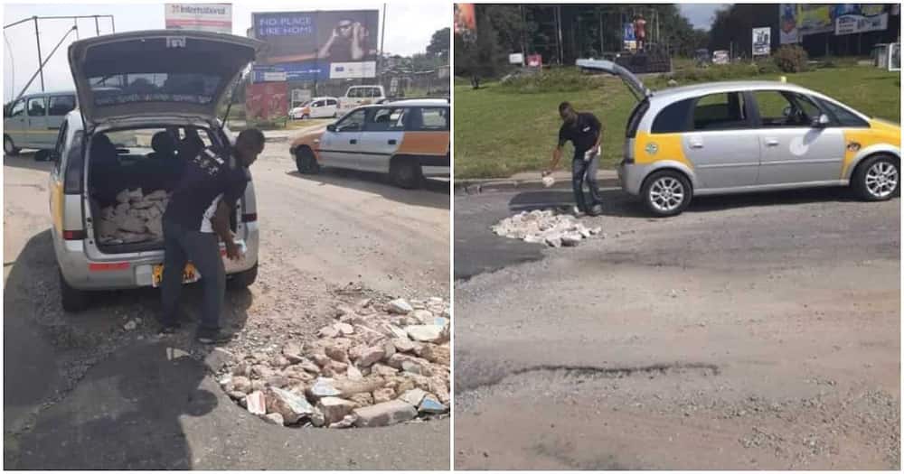 Un taxista pone piedras en su coche y las usa para arreglar baches en la carretera: «un buen hombre»