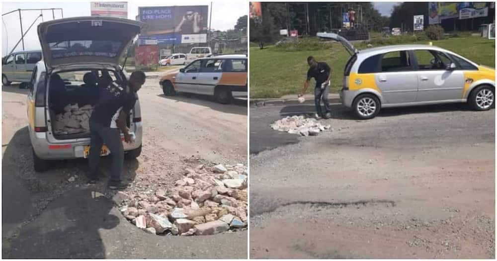 Photos of taxi driving fixing potholes on Taadi road.