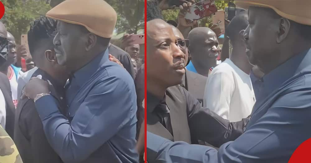 Raila Odinga embraces Eric Omondi at Fred Omondi's burial.