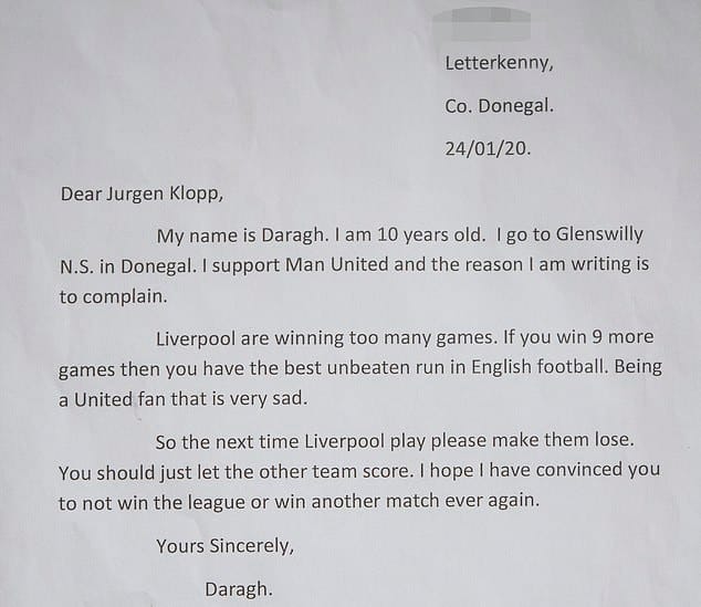 Jurgen Klopp's hilarious 262-word reply to a 10-year-old Manchester United fan