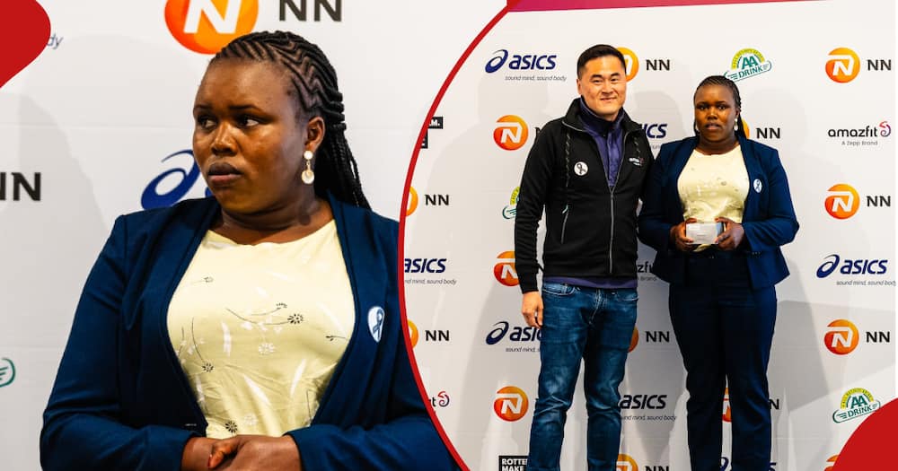 Kelvin Kiptum's wife Asenath Rotich (l) listens keenly during a past interview, the mother of two (r) poses for a photo with an interviewer in Netherlands.