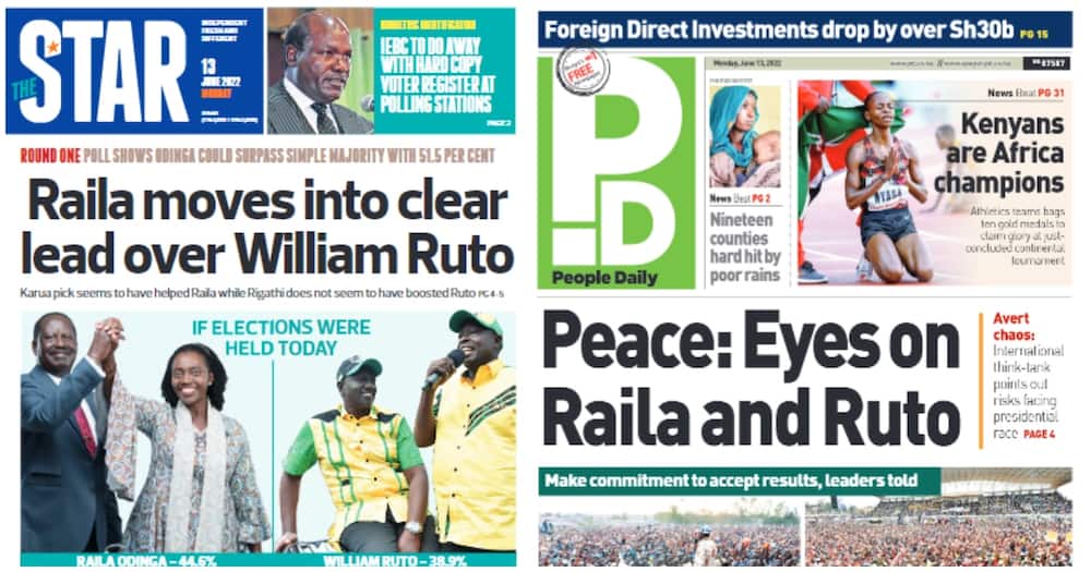 Kenyan Newspapers Review, June 13: Raila Odinga Still Ahead of Willliam Ruto Less Than Two Months to Election