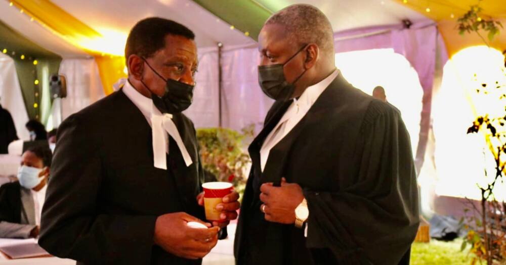 BBI lawyers James Orengo and Otiende Amollo (right) share a word before the start of day two of the BBI appeal hearing. Photo: Otiende Amollo.