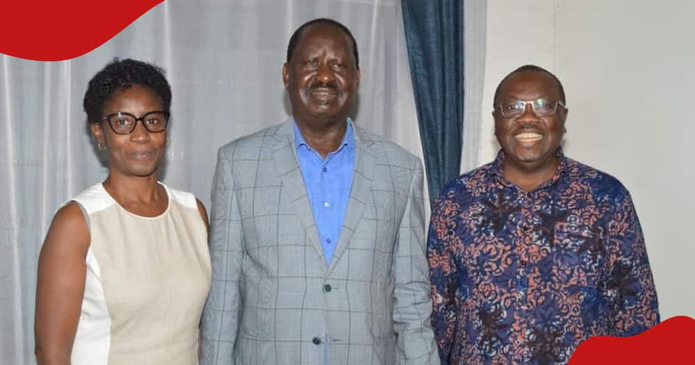 Rongo MP Paul Abuor (right) and his spouse Jane (left) sandwich ODM leader Raila Odinga.