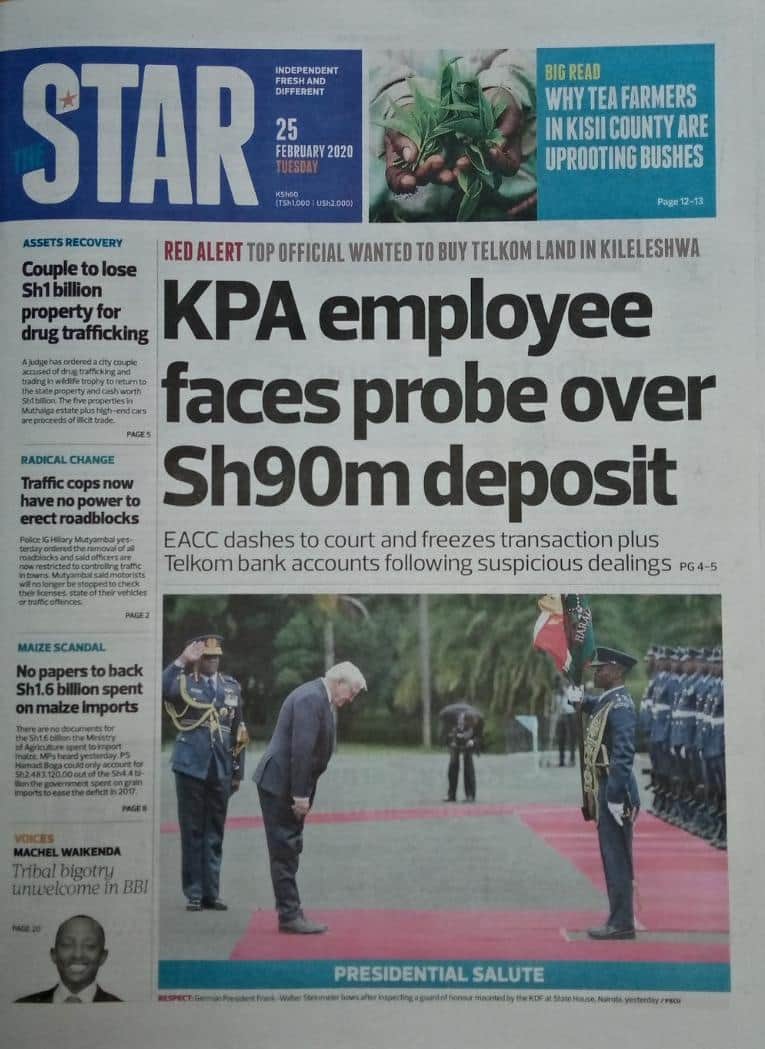 Kenyan newspapers review for February 25: Kenyans paid KSh 1bn for SGR grass, KSh 5m for chief engineer's airtime