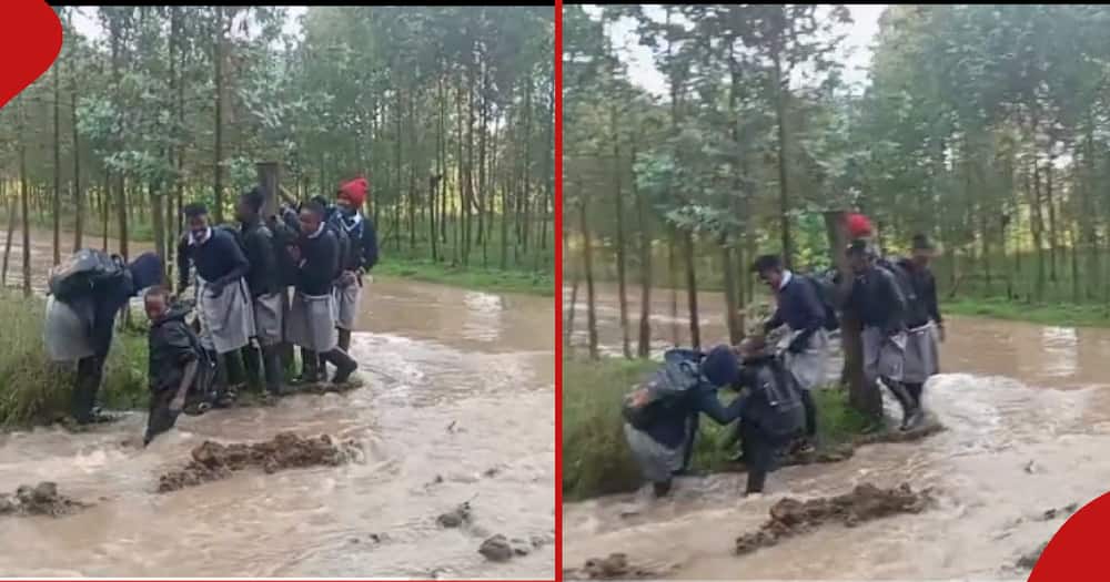 A group of school going children were stranded as they attemptedt o cross a flooded road in Nyandarua county.