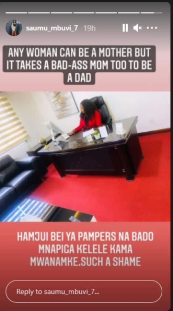 A screenshot of Saumu Mbuvi's Instagram story post. Photp credit: Saumu Mbuvi/Instagram.