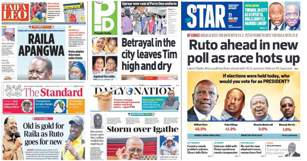 Kenyan newspapers. Photo: Screengrabs from The Standard, Daily Nation, The Star, People Daily and Taifa Leo.