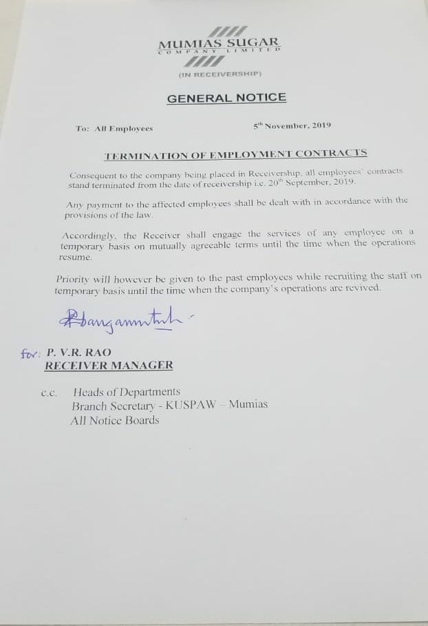 One time giant sugar miller, Mumias, fires all employees’ weeks after going under receivership