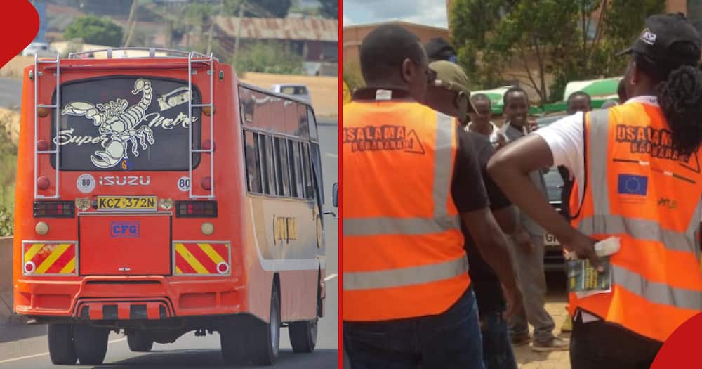 NTSA officials (right frame) jointly with police arrested excess passengers from the Super Metro bus (left frame) along Thika Road.