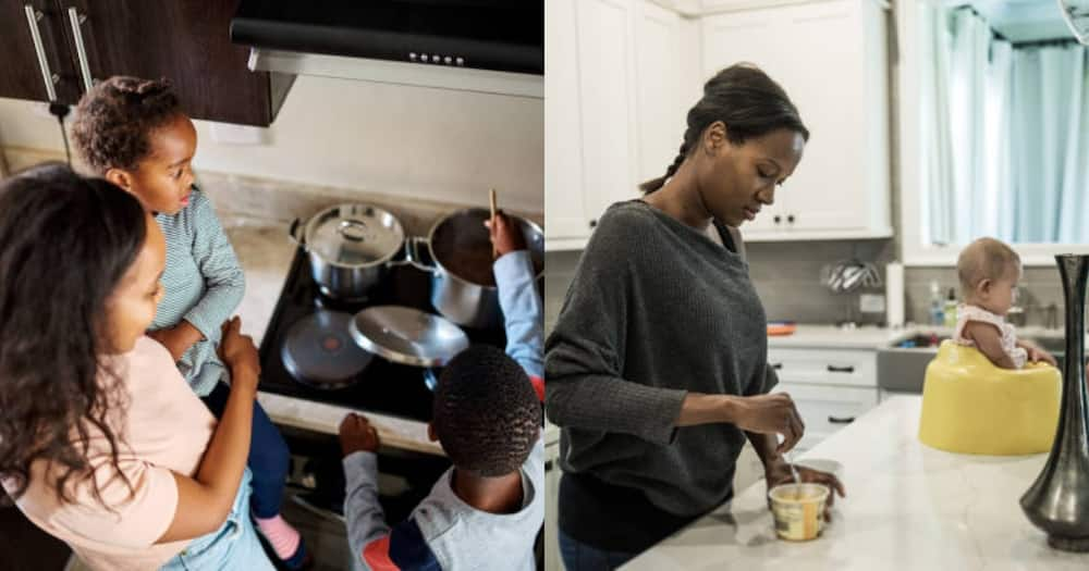 Photo illustration of two busy moms in the kitchen.