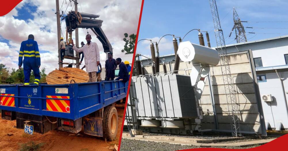 KPLC workers offloading equipment from a blue truck on the left, and a large electrical transformer installed outside a power station on the right.