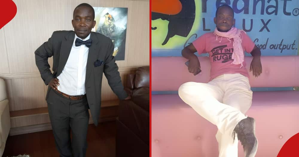 Harrison Wambua in suit (l). Wambua in casual at an outdoor event (r).