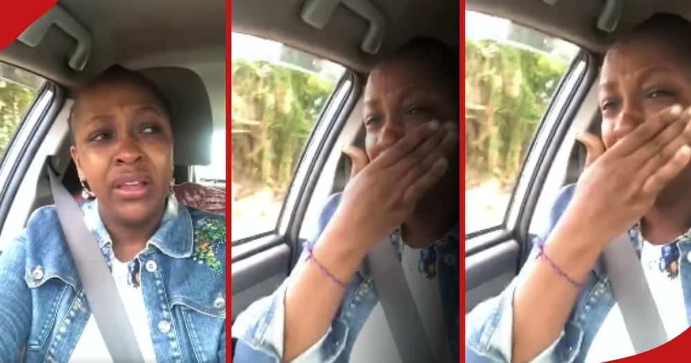 Woman in tears as she drives through city and plying heartbreak song in the background