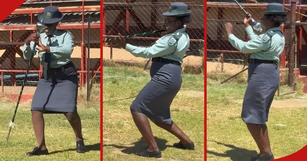 Screengrabs of a policewoman dancing during a march