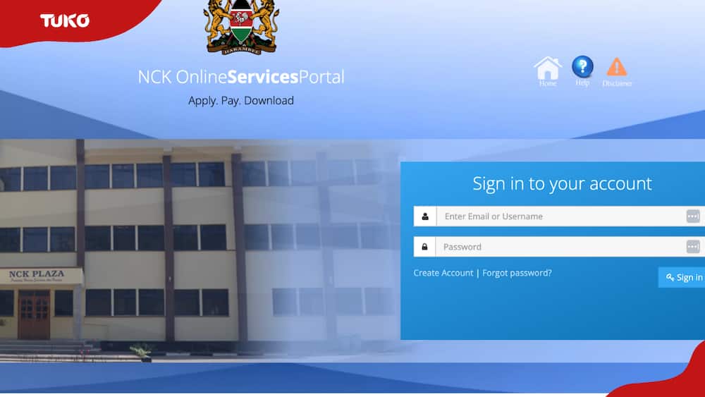The NCK online registration portal sign in page