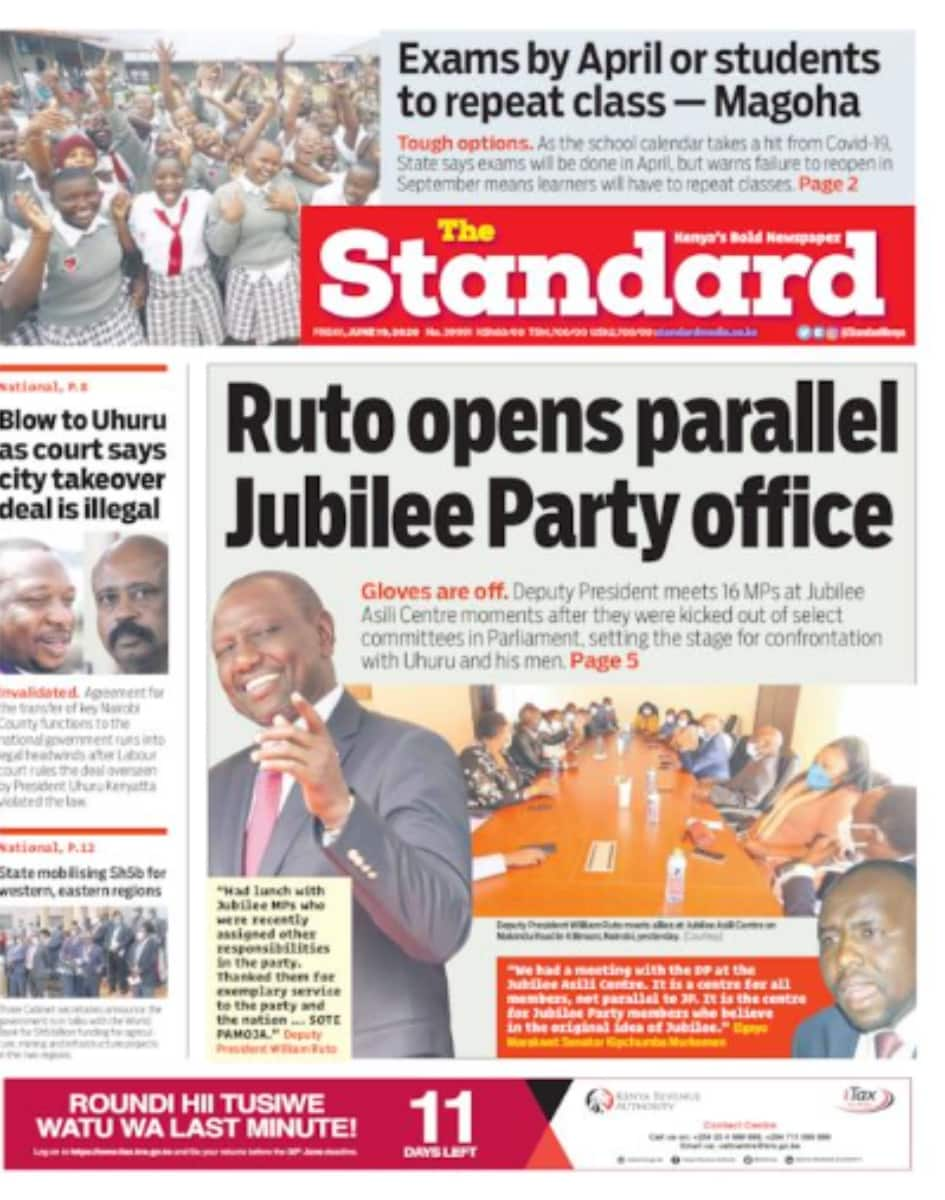 Kenyan newspapers review for June 19: Gloves off as William Ruto opens parallel Jubilee Asili office