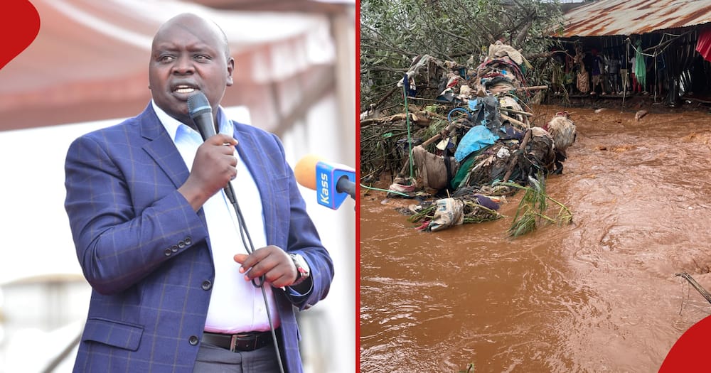 Collage of Senator Samson Cherargei (l) and destruction of floods in Mathare (r0