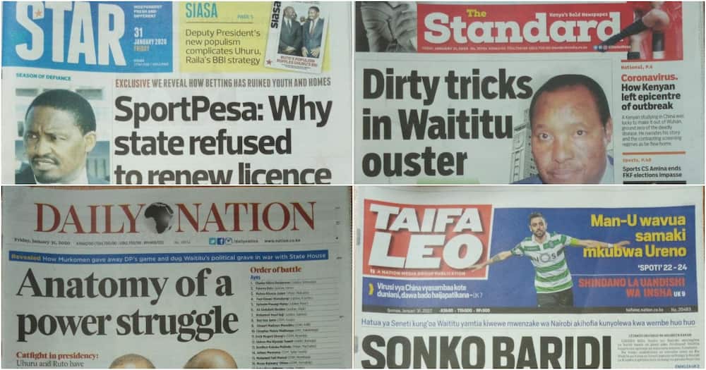 Kenyan newspapers review for January 31: Four senators walked out of Waititu's impeachment to thwart process