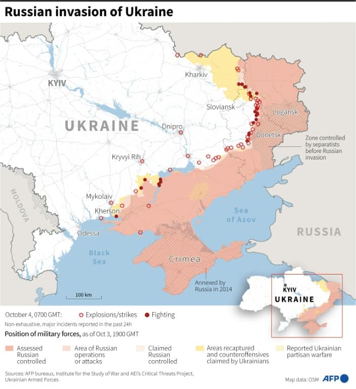 Map showing the situation in Ukraine, as of October 4, 2022 at 0700 GMT